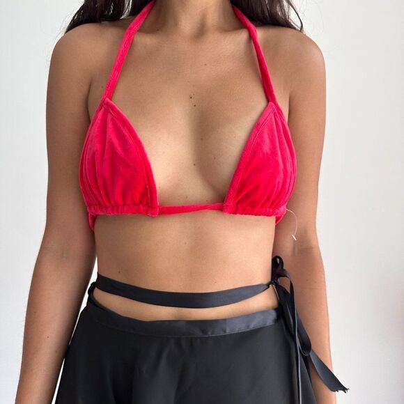 NWT red plush velour halter bralette top L - Picture 7 of 10
